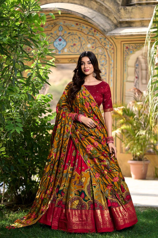 Tusshar Silk Kalamkari Print Lehenga Choli- Red