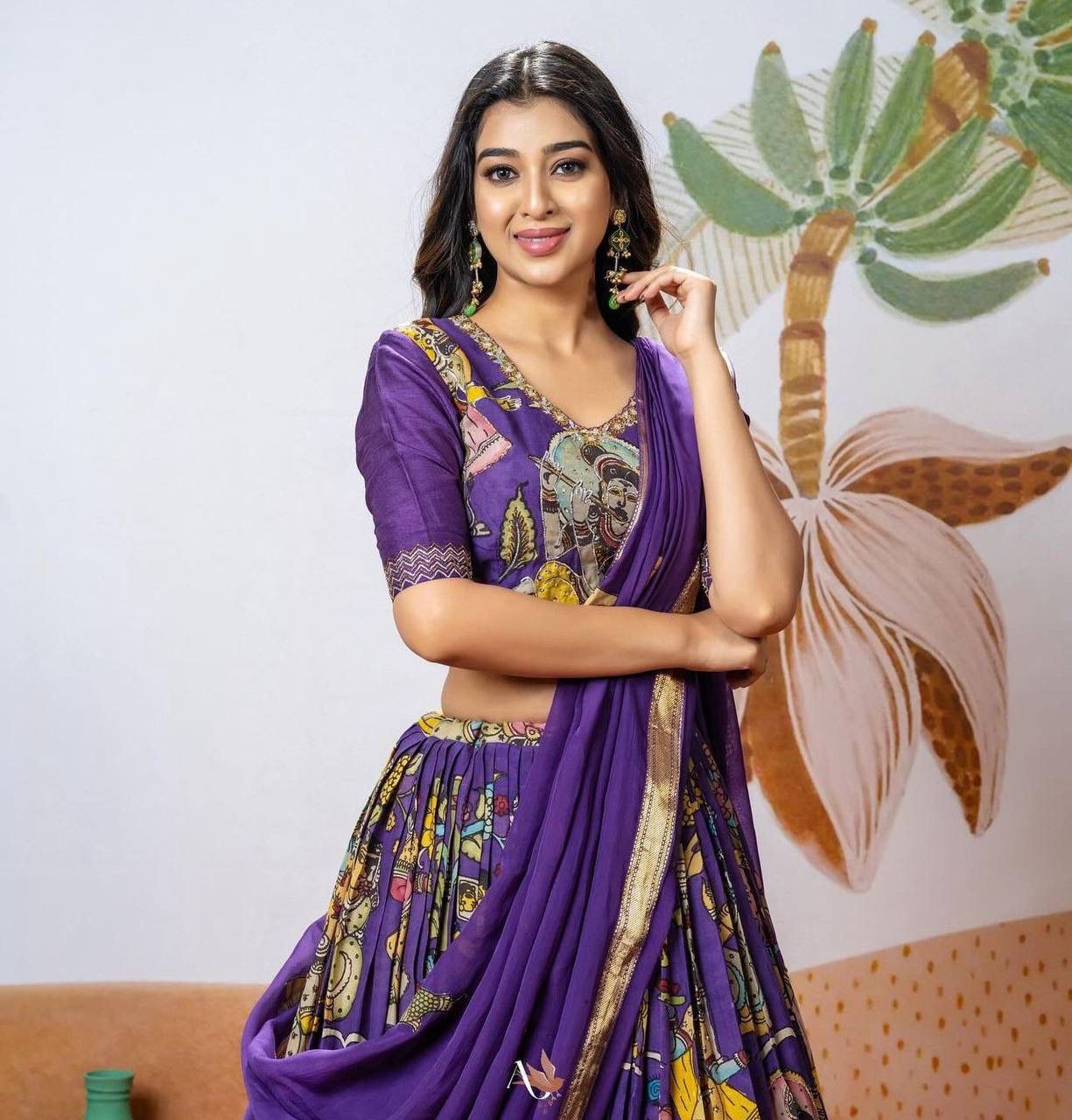 Kalamkari Print Lehenga Choli Set- Purple