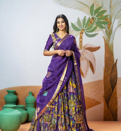 Kalamkari Print Lehenga Choli Set- Purple