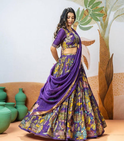 Kalamkari Print Lehenga Choli Set- Purple