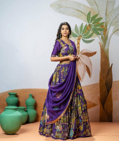 Kalamkari Print Lehenga Choli Set- Purple