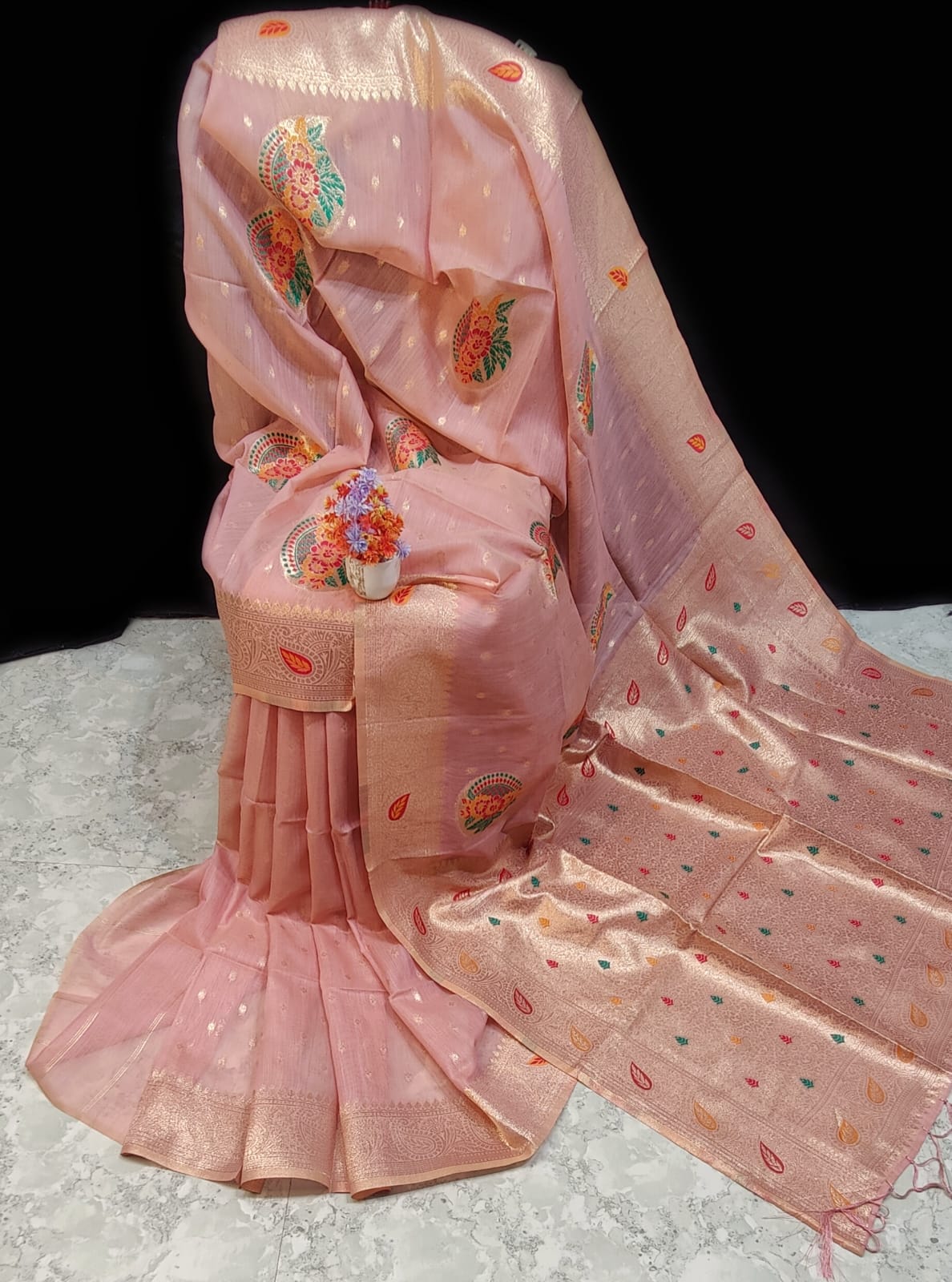 Pathani Silk Fancy Saree- Peach