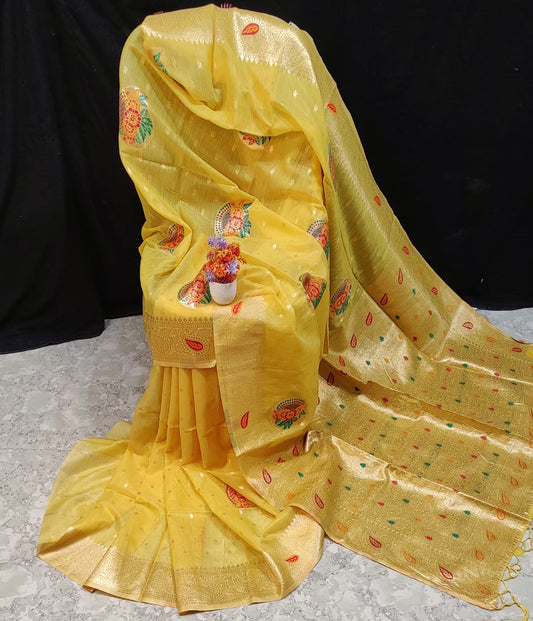 Pathani Silk Fancy Saree- Yellow